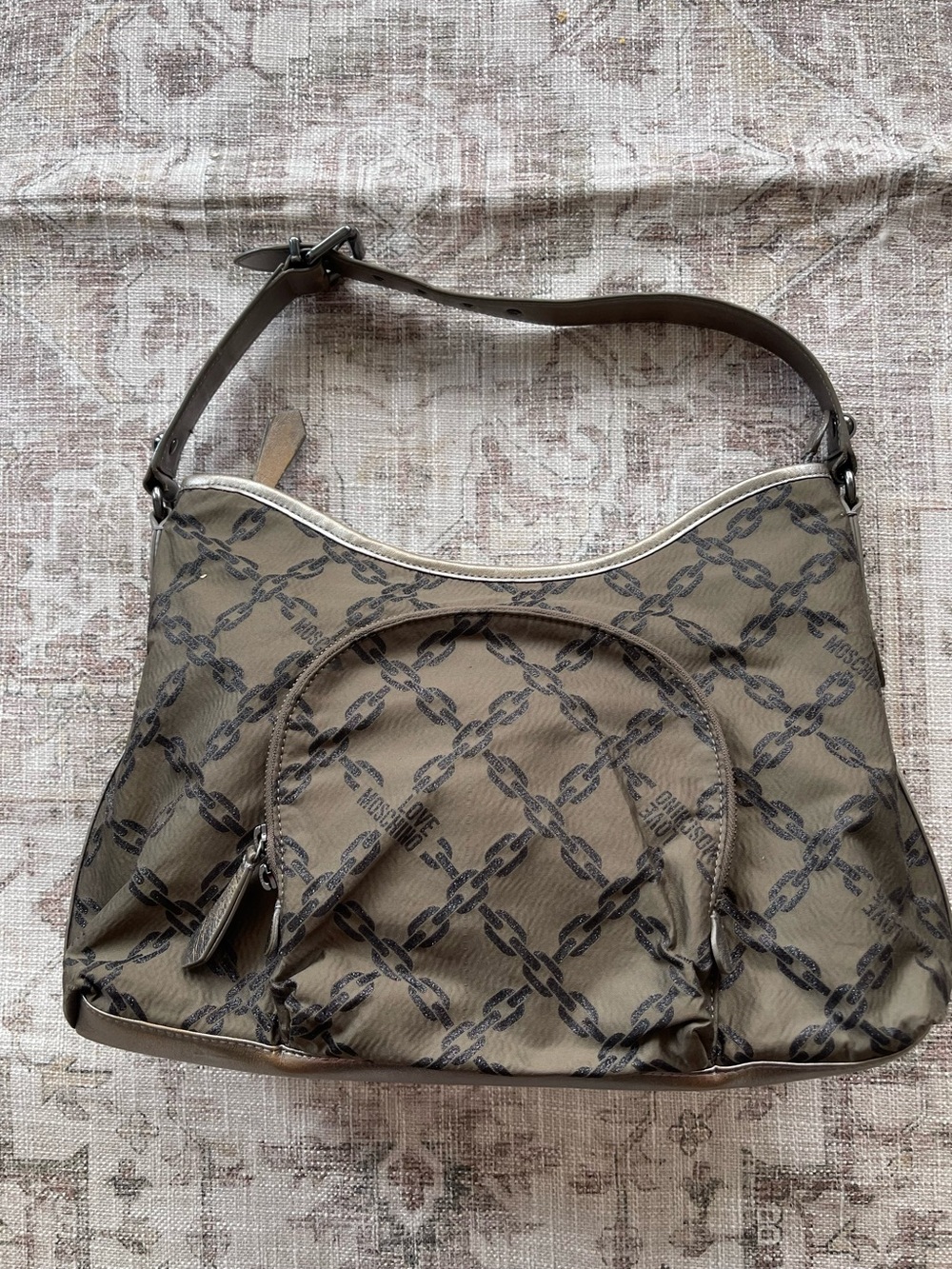 Love Moschino Taupe Chain-Print hobo Shoulder Bag